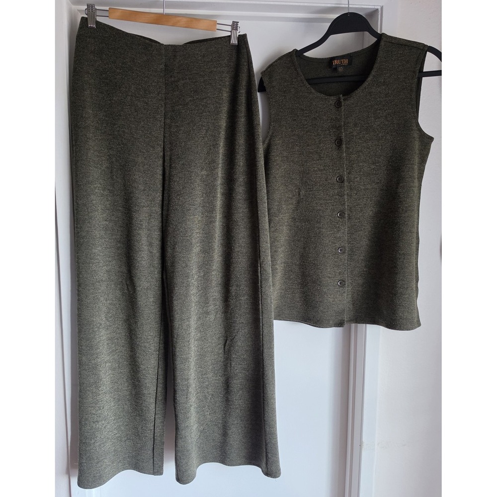 Truth by Republic Vest Pants Women L 2-Piece Set Olive Green Outfit Wide-Leg